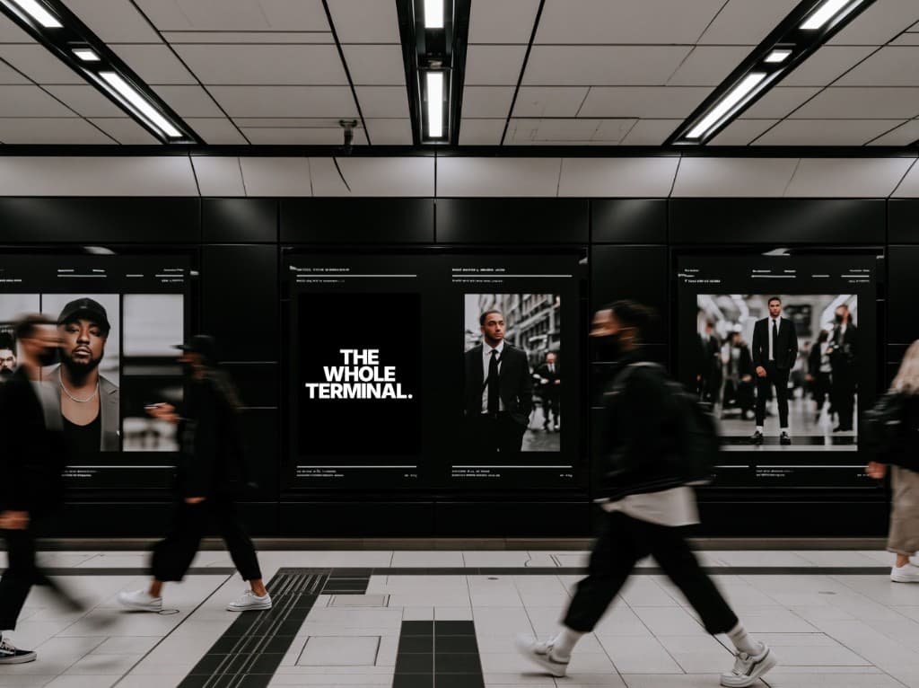 Transit platform ad wall featuring THE WHOLE TERMINAL and professional portraits
