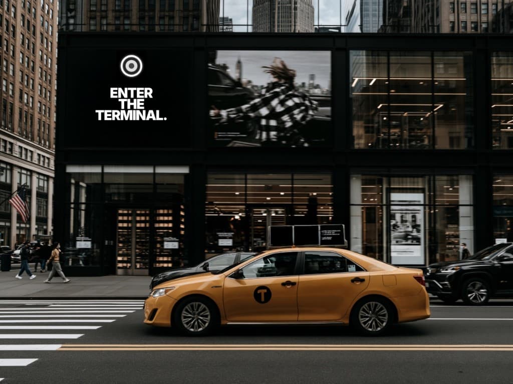 Stadtstraße mit gelbem Taxi und Gebäude-Billboard mit ENTER THE TERMINAL