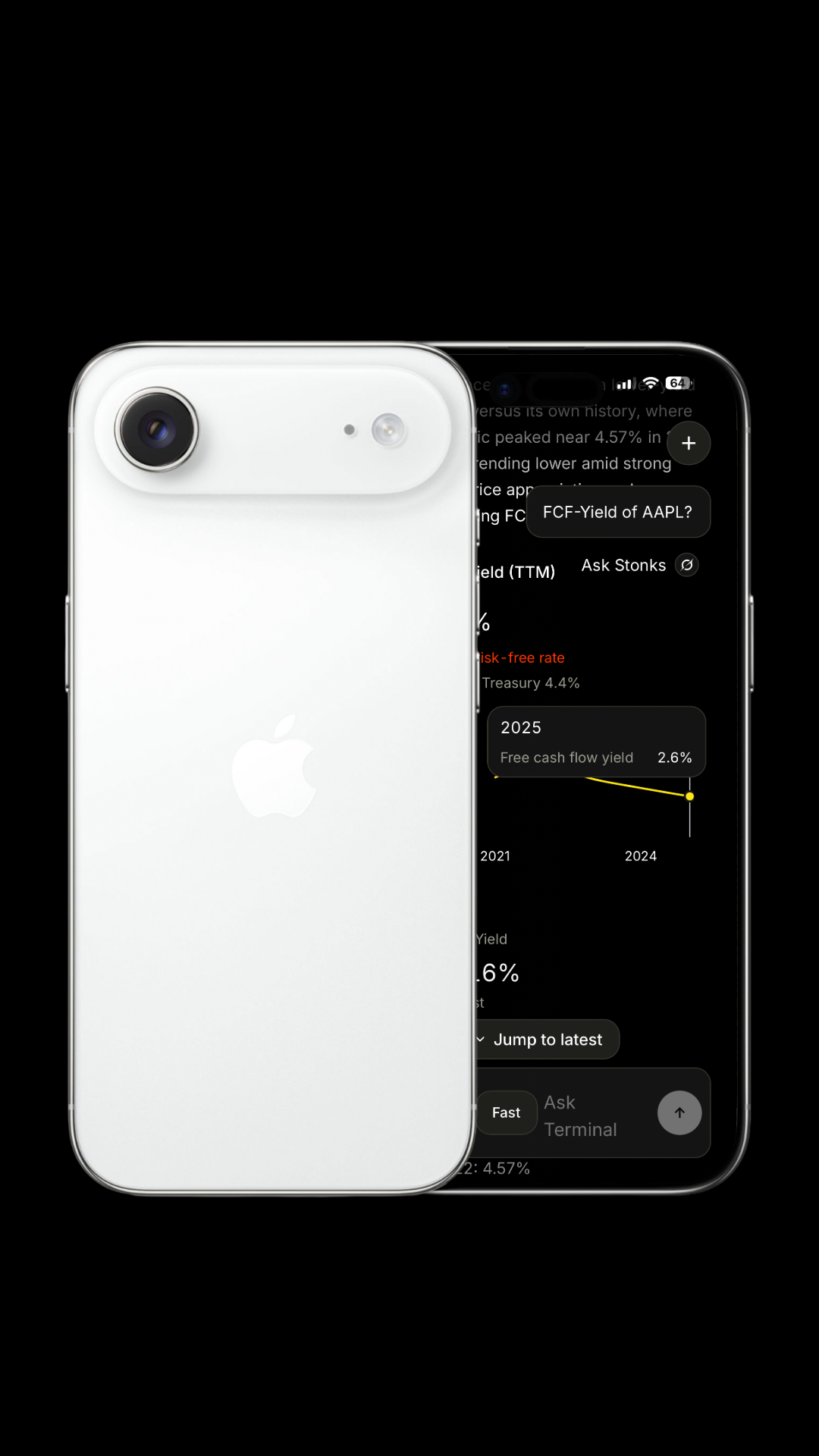 iPhone mockup showing FCF yield for Apple with chart and Ask Terminal