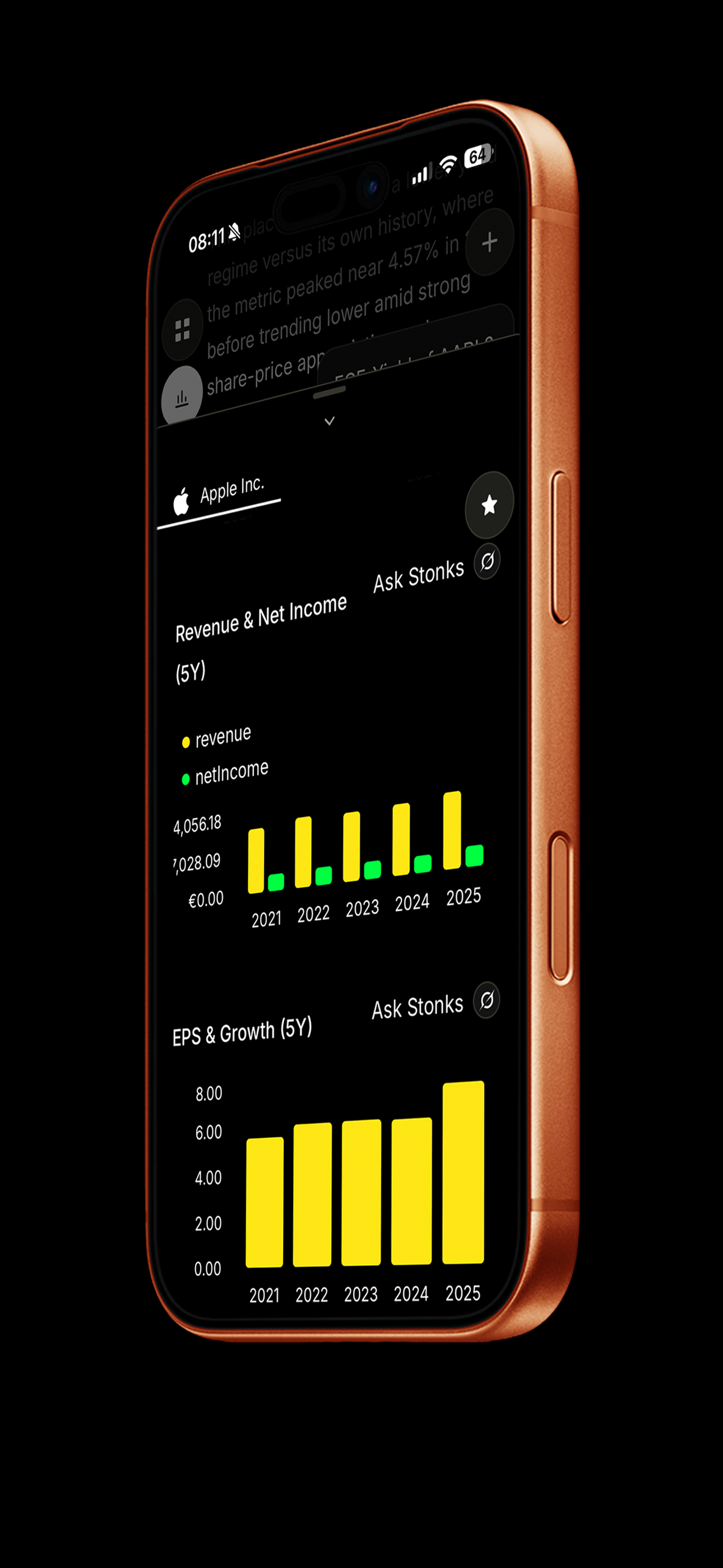 iPhone mockup showing Apple revenue, net income, and EPS charts